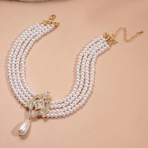 Multi-Layer Imitation Artificial Pearl Necklace With Water Drop Pendant Golden Alloy Rhinestone Hollow Buckle Retro Elegant For Women