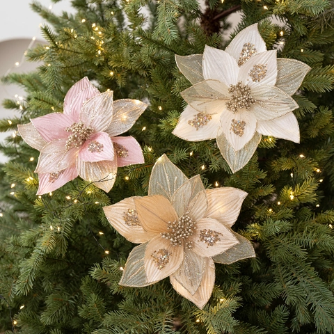 Künstliche Weihnachtssterne Blumen Glitzer Stoff Netz Gaze Pailletten Ornamente Für Baum Girlande Kranz Festliches Dekor
