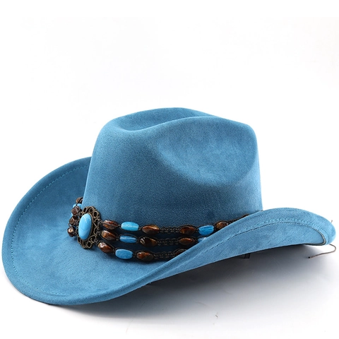 Western Cowboyhoed Retro Suède Vilt Turquoise Kralenband Boheems Etnisch Brede Rand Zonnehoed