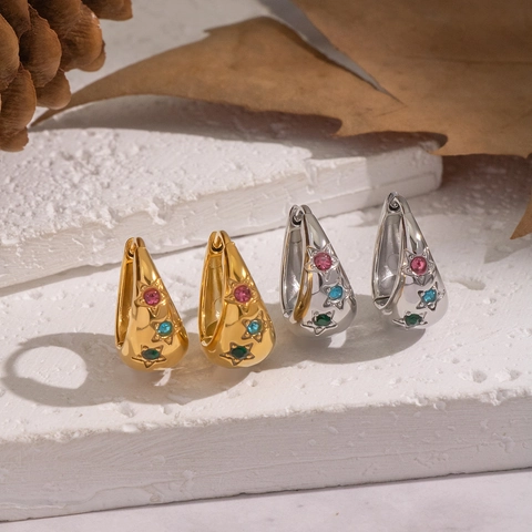 Vintage French Retro Geometric U Shaped Hoop Earrings With Star Inset Colorful Zircon 18K Gold Plated Stainless Steel