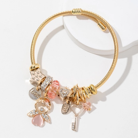 Charm Bracelet Alloy Stainless Steel Wire With Angel Heart Key Star Crystal Beads For Women Girls Fashion Jewelry