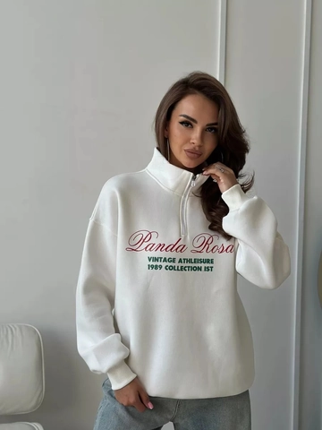 Sudadera De Mujer Con Media Cremallera Manga Larga Retro Estampado Letras Suelto Algodón Pullover Cuello Alto Athleisure Blanco