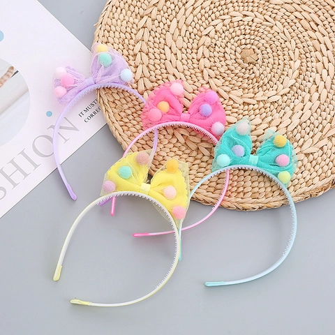 Children Girls Mesh Bow Headband Hair Clip Colorful Mini Pom Poms Non Slip Plastic Teeth Korean Style Sweet Accessories