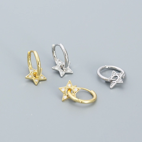 Boucles Oreilles Créoles Étoile Argent Sterling 925 Zircone Cubique Étincelant Minimaliste Élégant Bijoux Femme