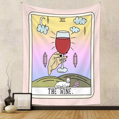 Tarot Card Tapestry Wall Hanging Polyester Funny Food Drinks Illustration Room Decor Aesthetic For Living Room Bedroom