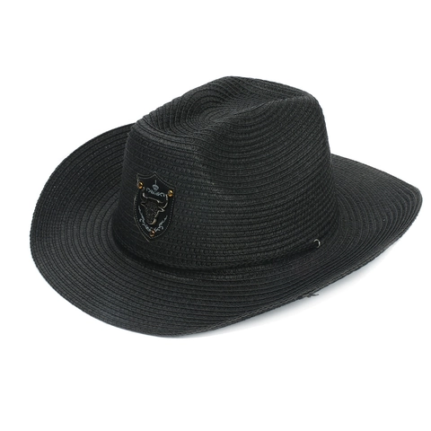 Western Cowboy Straw Hat For Men Women Wide Brim Sun Hat With Bull Head Emblem Vintage Outdoor Travel Beach Hat