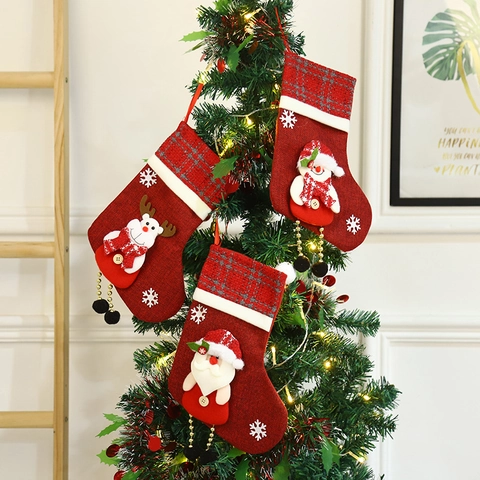 Christmas Stockings Gift Candy Bags Burlap Fabric With Plush Santa Snowman Elk Dolls Hanging Holiday Party Decorations