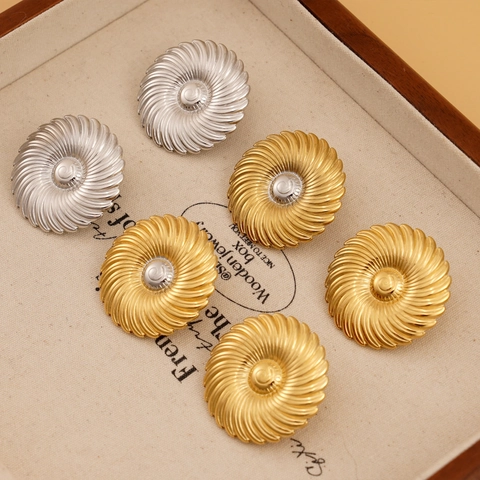 Retro Round Disc Stud Earrings 316 Stainless Steel Spiral Vortex Texture PVD Gold Plated Waterproof Hypoallergenic For Women