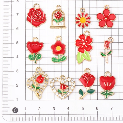 Blumen Rose Tulpe Herz Charms Anhänger Legierung Emaille Strass Für DIY Schmuckherstellung Ohrring Armband Rot Gold