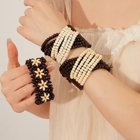 Bracciale Di Perline Multistrato In Legno E Guscio Di Cocco Bohemien Gioielli Etnici Retro Per Donne