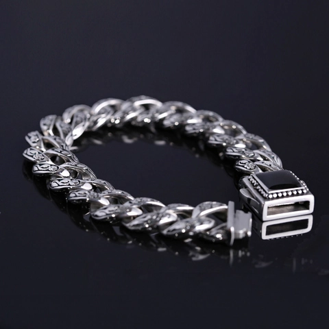 Men Vintage Cuban Chain Bracelet Titanium Steel Engraved Floral Pattern Black Stone Punk Gothic Hip Hop Jewelry