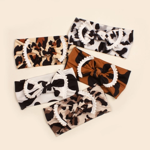 Baby Headband Polyester Leopard Cow Print Bow With Pom-Poms Elastic Soft Hair Accessory For Toddler Girls