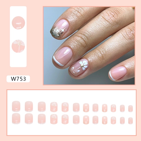 French Press On Nails Short Square Nude Pink White Flower Design Glossy Sweet Fake Nails Detachable Artificial Finger Decoration