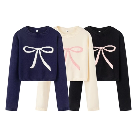 Pull En Tricot Court Pour Femmes Motif Noeud Col Rond Manches Longues Polyester Hauts Pullover