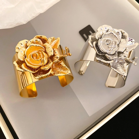 Legierung 3D Rose Blume Offener Armreif Armband Breite Metall Manschette Vintage Statement Schmuck Für Frauen