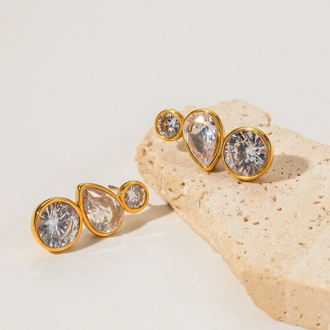 Pendientes de Botón de Acero Inoxidable con Strass para Mujer Oro Galvanizado Geométricos Gota Joyas de Alta Gama