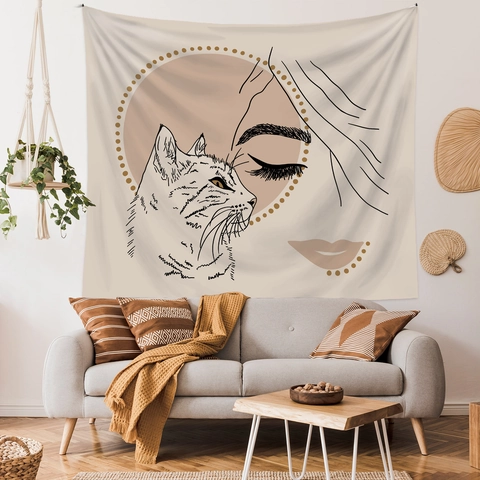 Minimalist Line Art Wall Tapestry Polyester Hanging Cloth Woman And Cat Design Boho Style Room Decoration