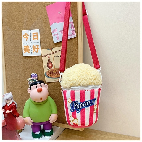 Popcorn Bucket Shape Plush Crossbody Bag Cute Cartoon Novelty Shoulder Purse For Kids And Women With Adjustable Strap