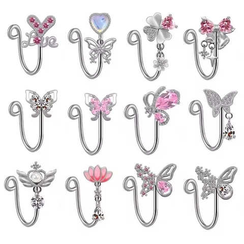 Stainless Steel Nose Clip Non-Piercing Butterfly Heart Saturn Spider Rhinestone Artificial Pearl Elegant Body Jewelry For Women