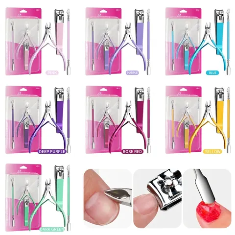 Stainless Steel Manicure Pedicure Tool Including Cuticle Nipper Nail Clipper And Double Headed Pusher With Colorful Handle