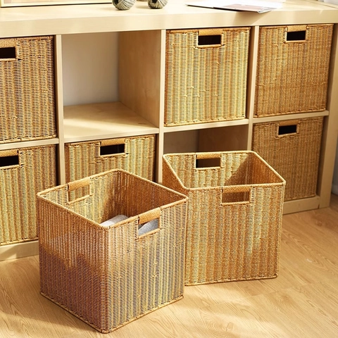 Cesto Portaoggetti Intrecciato Imitazione Rattan Cubo Organizzatore Contenitore Con Maniglie Per Armadio Scaffale Vestiti