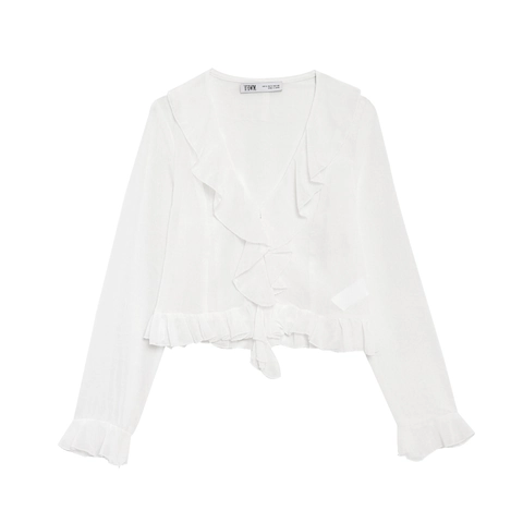 Damen Weiße Chiffon Bluse Rüschen V Ausschnitt Langarm Crop Top Elegant Lässiges Modisches Hemd