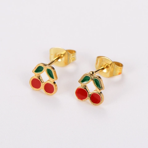 Cherry Pendant Necklace And Stud Earrings 304 Stainless Steel 18K Gold Plated Red Enamel Fruit Jewelry For Women Girls