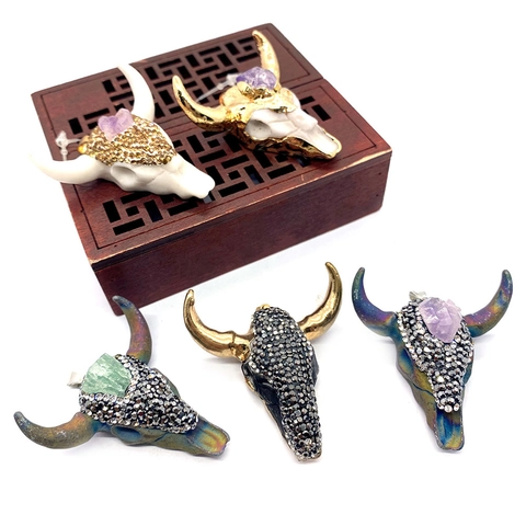 Boheems Stierenkop Hanger Acryl Natuursteen Strass Ingelegd Accessoire Voor DIY Sieraden Maken Etnisch Western Stijl
