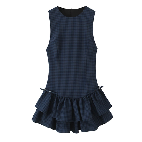 Women Plaid Mini Dress Sleeveless Round Neck Layered Ruffle Hem Tiered Chic Retro Elegant Back Zipper Short Dress