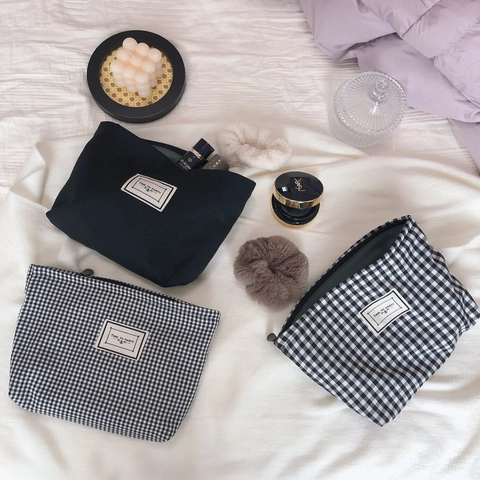 Canvas Cosmetic Bag Cotton Clutch Pouch Zipper Makeup Organizer Travel Toiletry Handbag Plaid Pattern City Casual Women