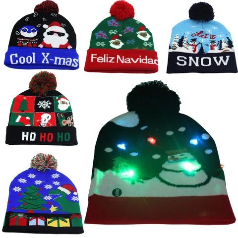 LED Weihnachts Strickmütze Bunt Leuchtende Acryl Wintermütze Mit Bommel Feiertagsparty Dekor Für Erwachsene Kinder
