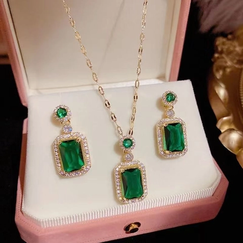 Retro Rectangular Crystal Pendant Necklace Earrings Ring Jewelry Stainless Steel Gold Plated Elegant Luxury For Women