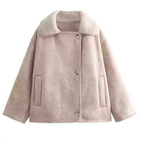 Women Faux Suede Shearling Jacket Loose Warm Winter Coat Lapel Button Outerwear With Pockets