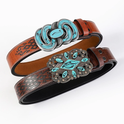Cintura in Pelle PU Western Vintage per Donna Motivi Goffrati Fibbia in Lega Turchese Decorativa Moda Cintura Cowgirl Jeans