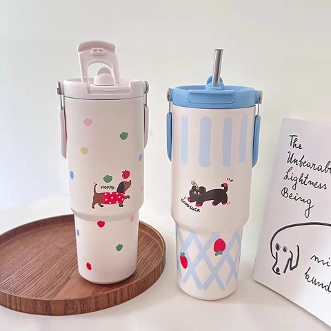 Insulated Tumbler Stainless Steel Vacuum Flask With Handle Straw Dual Drinking Lid Cute Cartoon Portable Travel Cup