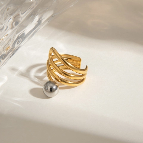 Multi Layer Spiral Verstellbarer Offener Ring Edelstahl Bicolor Gold Silber Kugel Schmuck Für Frauen Geometrisch