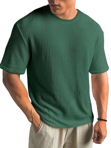 Camiseta de Punto Jacquard Informal para Hombre de Manga Corta Color Sólido Transpirable de Poliéster para Verano
