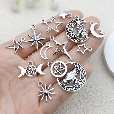 Antique Silver Alloy Charms Star Sun Moon Pentagram DIY Jewelry Making Accessories For Necklaces Bracelets Earrings Vintage