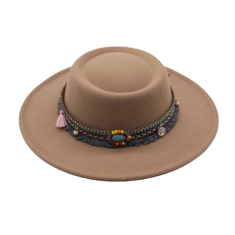 Bohemian Fedora Hat Flat Top Wide Brim Felt Wool Blend With Turquoise Tassel Ethnic Style For Women Vintage