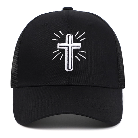 Cappellino da Baseball Trucker in Rete Ricamato con Croce Unisex Cotone Traspirante Protezione Solare Regolabile Snapback Outdoor Casual