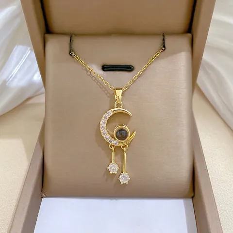 Crescent Moon Pendant Necklace Stainless Steel Chain Copper Micro Inlaid Zirconia Projection Stone Tassel Elegant