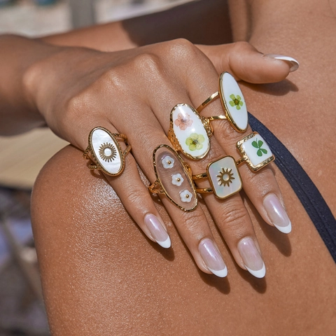 Anello In Acciaio Inossidabile Placcato Oro Impermeabile Regolabile Fiore Secco Madreperla Motivo Sole Gioielli Natura Donna