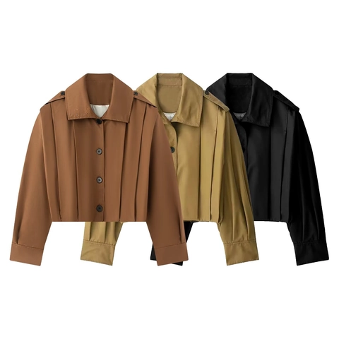 Veste Courte Plissée de Couleur Unie pour Femmes Mode Simple Boutonnage Revers Manches Longues Streetwear Manteau