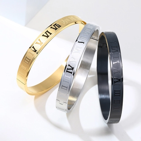 Stainless Steel Bangle Bracelet Roman Numeral Engraved Hinged Jewelry Gift For Men Women High Polished Fashion Accessory