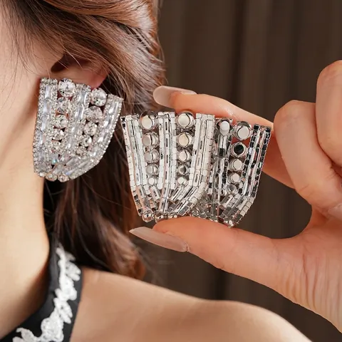 Fan Shaped Statement Earrings For Women With Silver Earring Post Copper Full Zircon Retro Luxury Banquet Jewelry