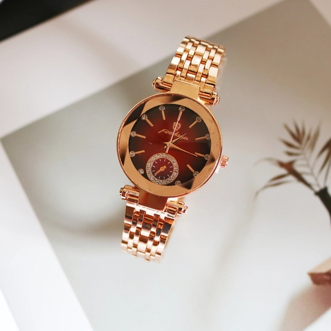 Women Quartz Watch Stainless Steel Strap Rhinestone Gradient Sunray Dial Elegant Casual Analog Wristwatch For Ladies