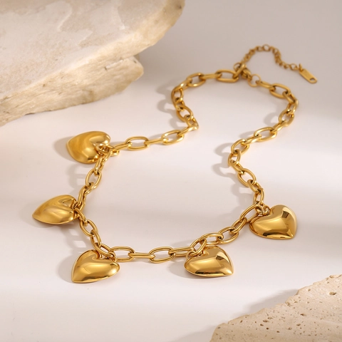 Stainless Steel Heart Pendant Necklace For Women Elegant Gold Plated Chunky Link Chain Heart Charms Fashion Jewelry Gift