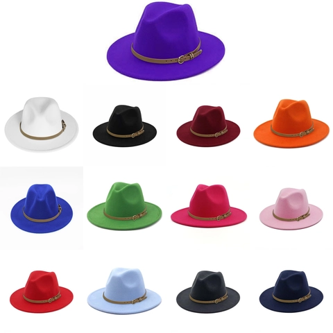 Chapeau Fedora Classique Feutre Polyester Large Bord Avec Ceinture En Similicuir Boucle Rétro Unisexe Style Jazz