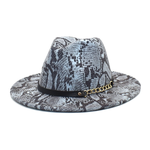 Wide Brim Fedora Hut Wollfilz Schlangenmuster Goldkette Ledergürtel Jazzhut Damen Herren