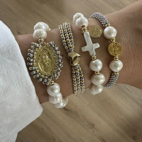 Bracelet Pendentif Croix Vierge Marie pour Femmes Mode Individuelle Religieuse Perle Artificielle Alliage Bracelet Perles Coeur Cadeau
